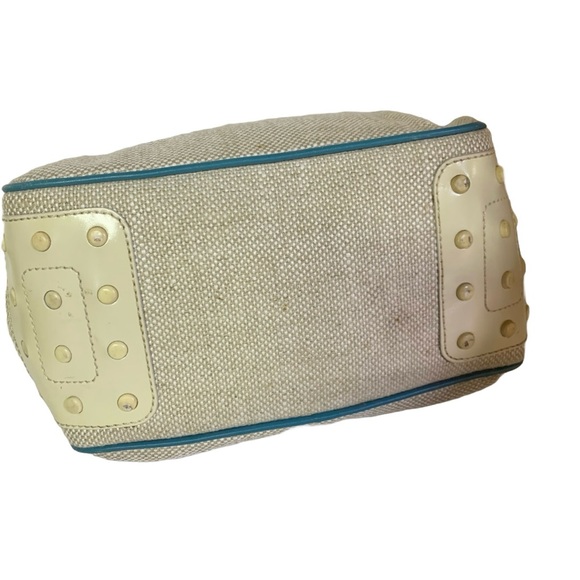 TOD'S NATURAL BEIGE TWEED SMALL TOTE BAG W/BLUE LEATHER TRIM - Picture 7 of 13